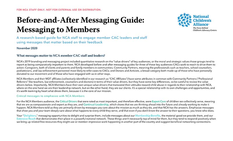 Front cover of the Before-and-After Messaging Guide for NCA Staff