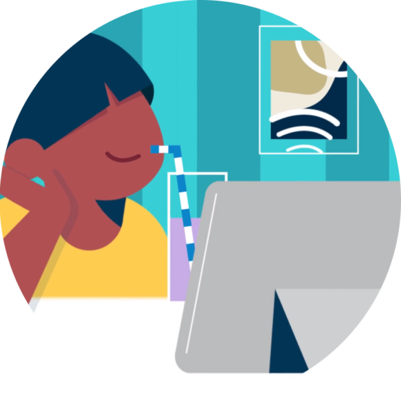 Cartoon boy enjoying a drink while at a telehealth session on a tablet