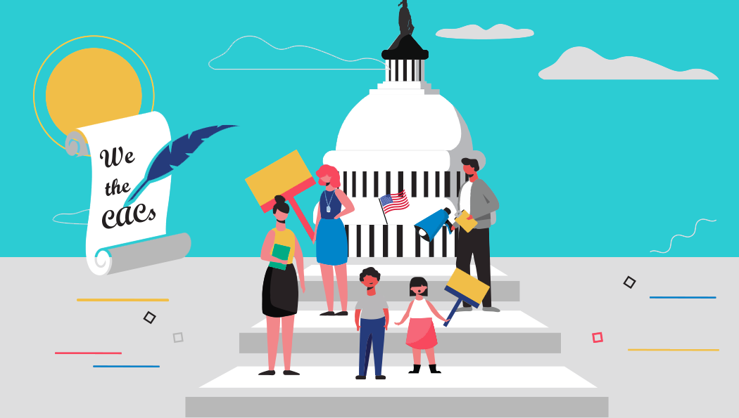 An illustrated scene of advocates and children from all walks of life holding signs, bullhorns, and briefs on the steps of the U.S. Capitol, with a floating parchment and quill reading 