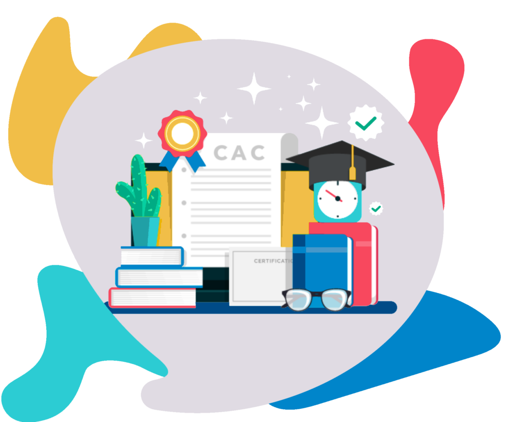 Decorative accreditation graphic featuring illustrations of certificates, books, clocks, and other symbols of achievement