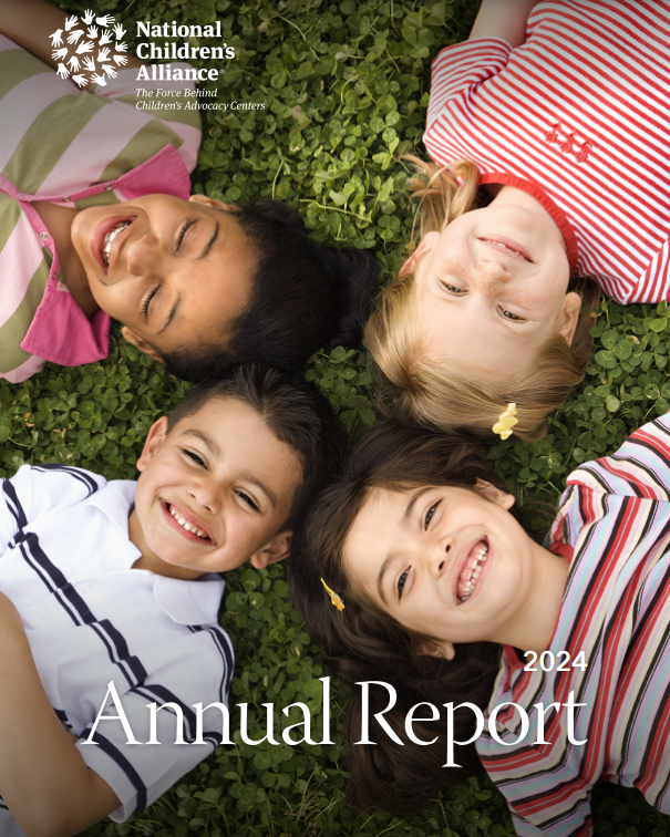 The cover of the 2024 NCA Annual Report. The image shows four children laying in the grass, smiling up at the sky.
